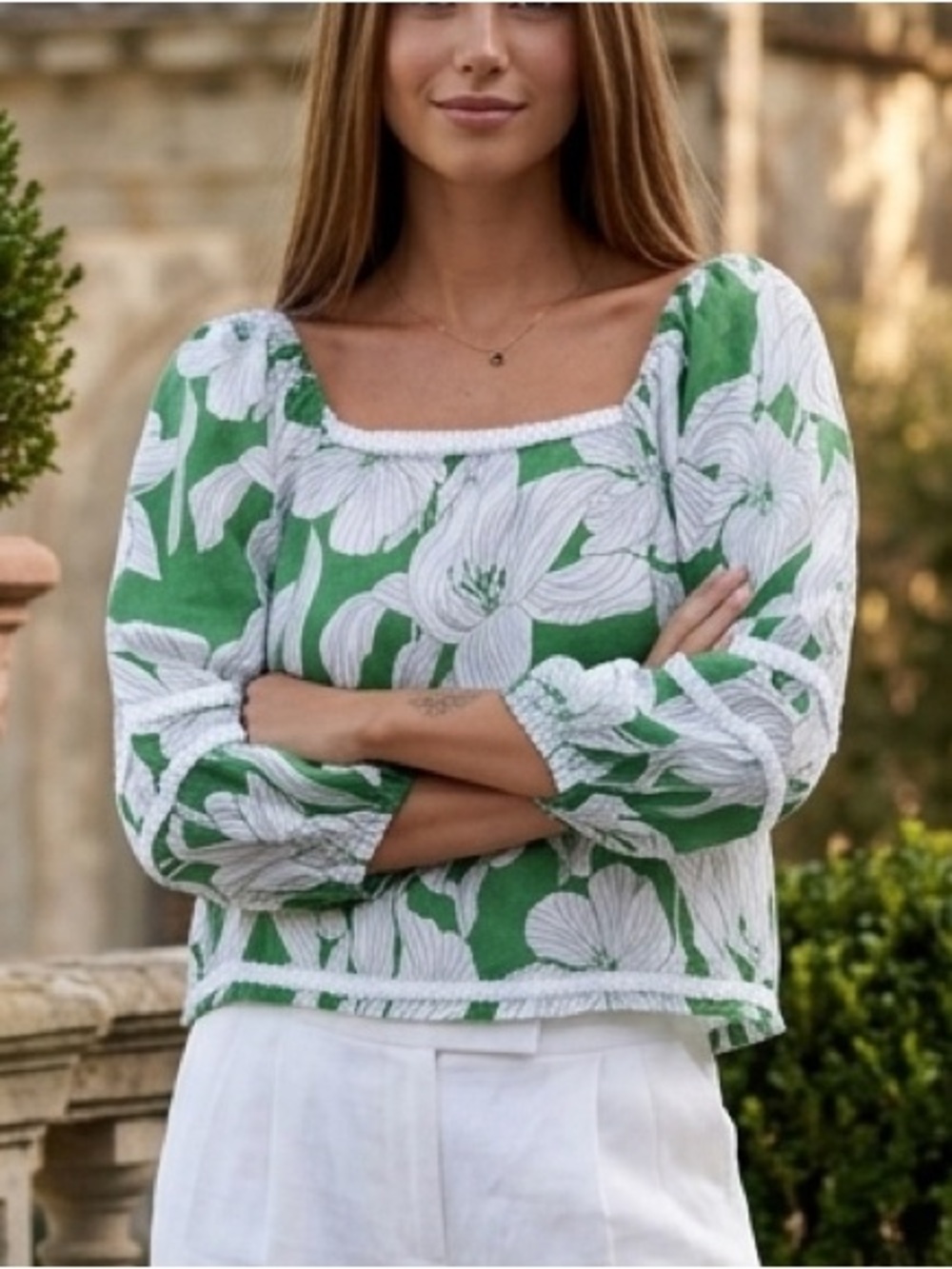 Tahari Linen Green Floral Tropical Silver Accent Boxy 3/4 Sleeve Top S